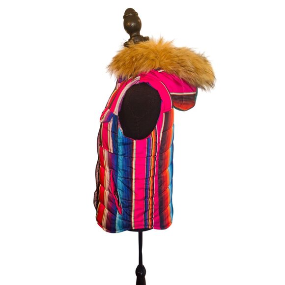 Judith March Rainbow Striped Puffer Vest Faux Fur Hood S Outdoor Street Style - Picture 6 of 15